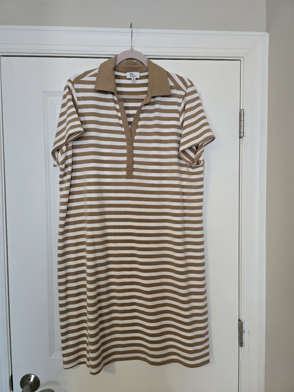Kim Rogers Tan and White Striped Polo Dress